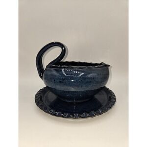 Bolick N.C. Pottery Blue Gravy Boat & Saucer 2002 Signed